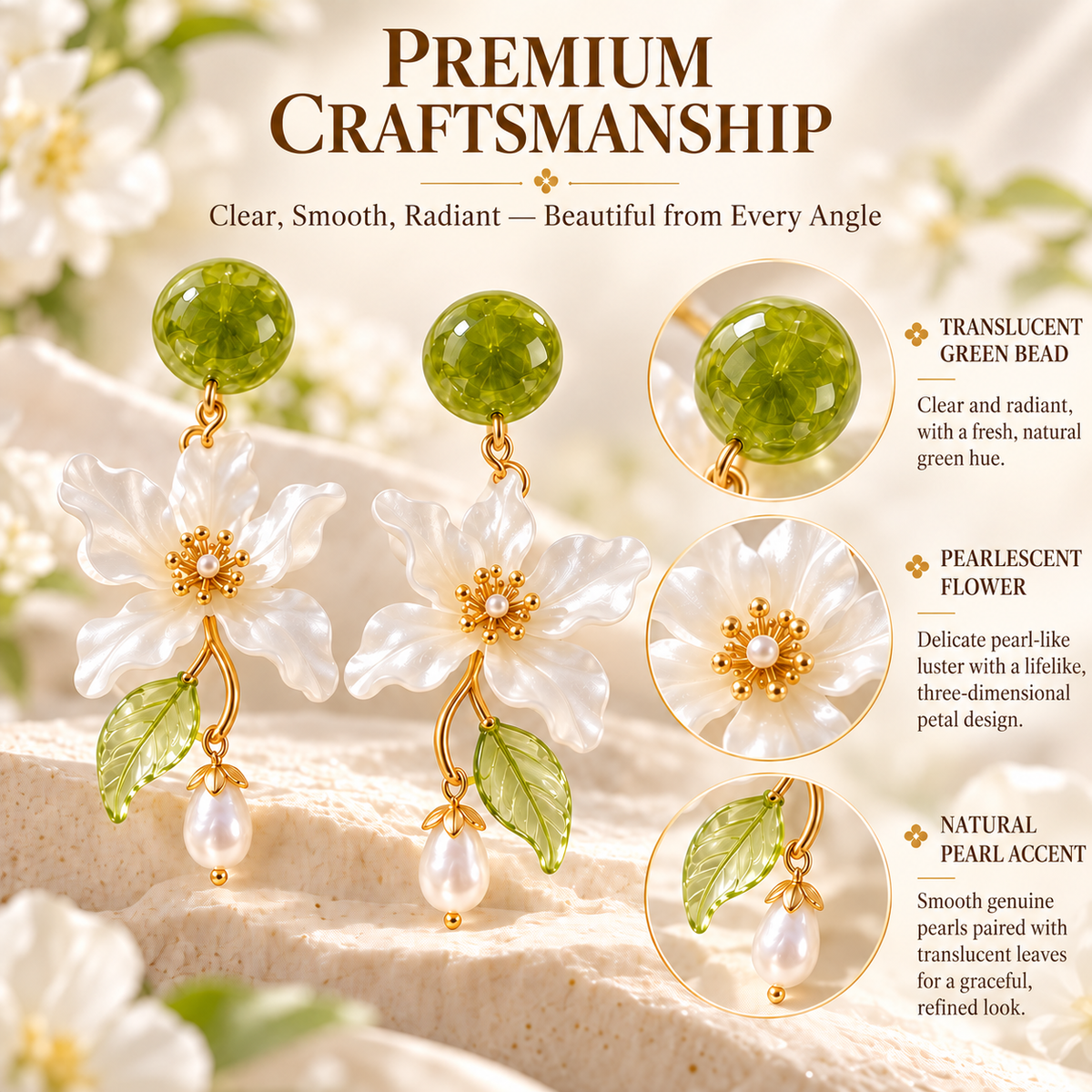 Forest Blossom Floral Pearl Drop Earrings – Elegant Green & White Flower Dangle Earrings for Women