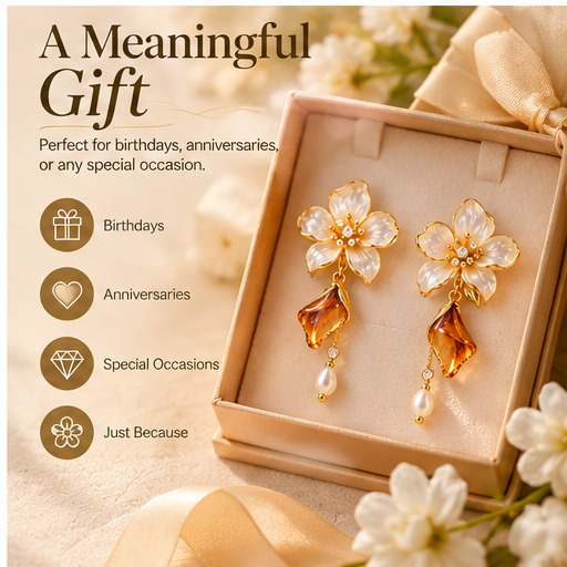 Blooming Beauty Floral Crystal Drop Earrings – Elegant White Flower & Amber Crystal Pearl Dangle Earrings for Women