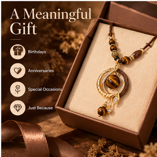 Tiger Eye Stone Pendant Necklace – Natural Stone & Wood Beaded Bohemian Necklace
