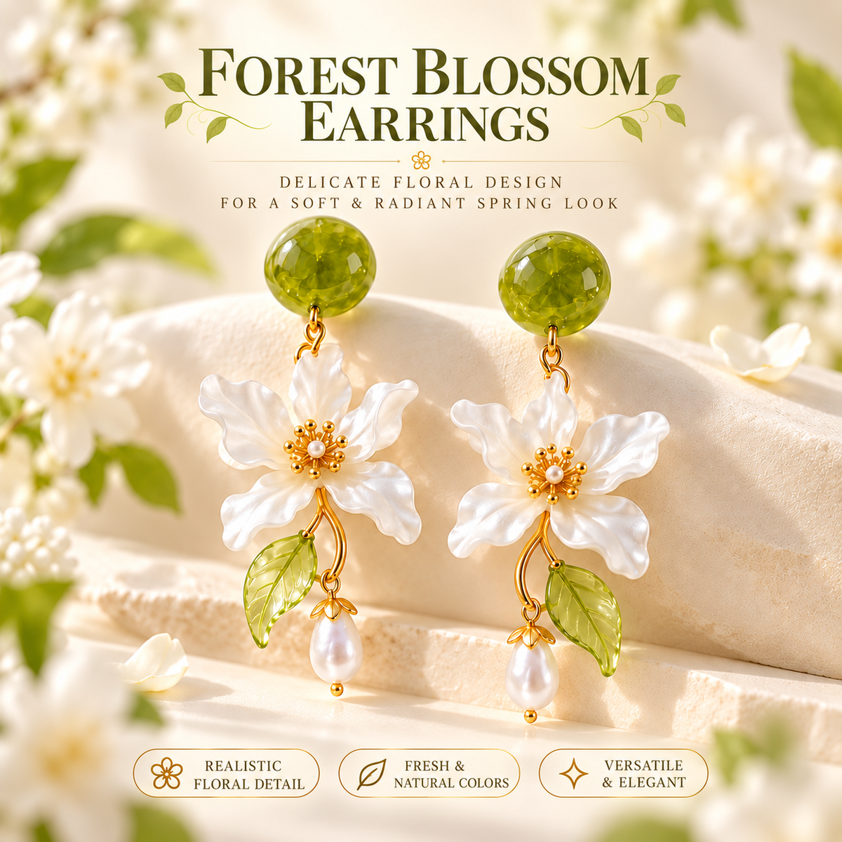 Forest Blossom Floral Pearl Drop Earrings – Elegant Green & White Flower Dangle Earrings for Women