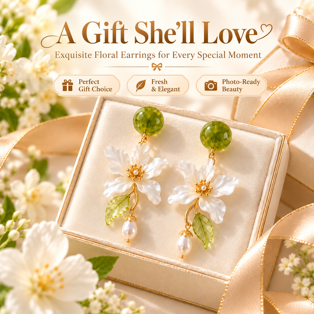 Forest Blossom Floral Pearl Drop Earrings – Elegant Green & White Flower Dangle Earrings for Women
