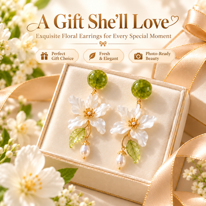 Forest Blossom Floral Pearl Drop Earrings – Elegant Green & White Flower Dangle Earrings for Women