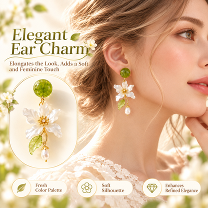 Forest Blossom Floral Pearl Drop Earrings – Elegant Green & White Flower Dangle Earrings for Women