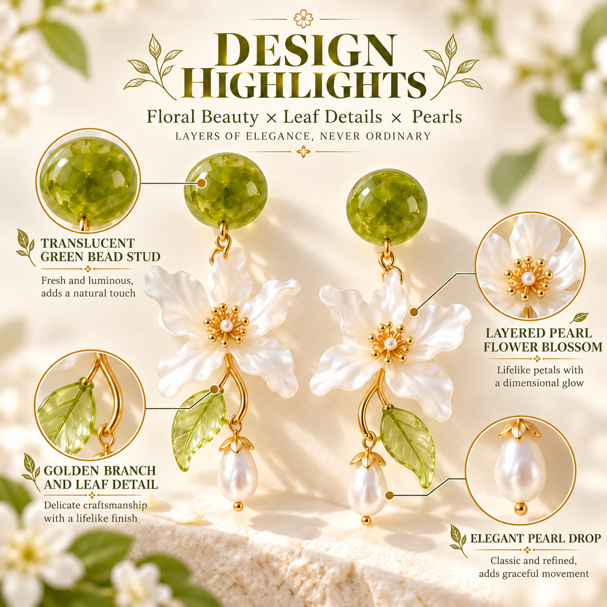 Forest Blossom Floral Pearl Drop Earrings – Elegant Green & White Flower Dangle Earrings for Women