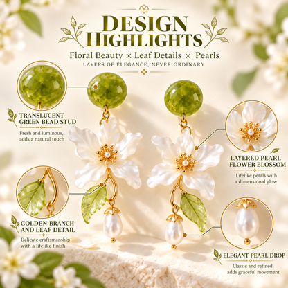 Forest Blossom Floral Pearl Drop Earrings – Elegant Green & White Flower Dangle Earrings for Women