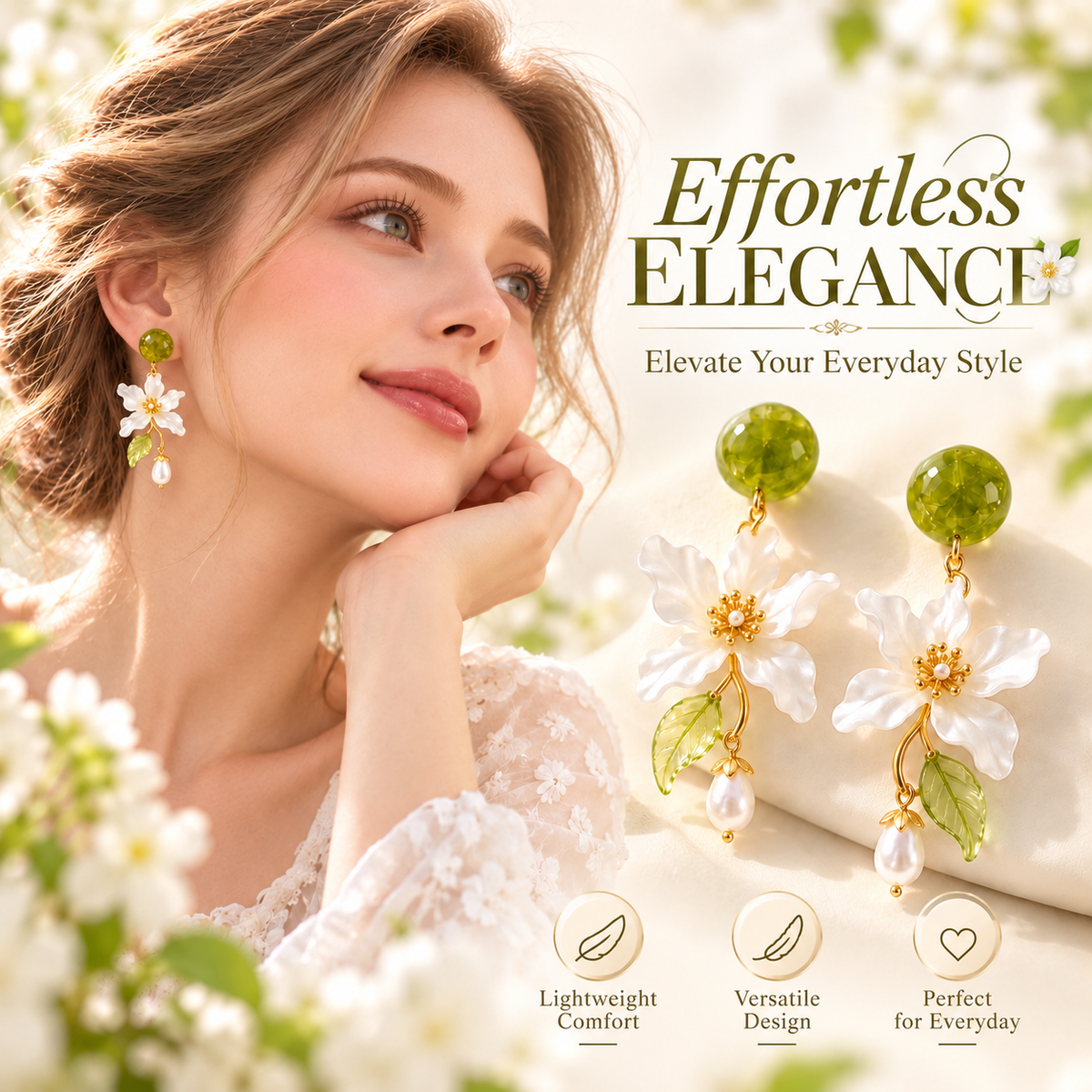 Forest Blossom Floral Pearl Drop Earrings – Elegant Green & White Flower Dangle Earrings for Women