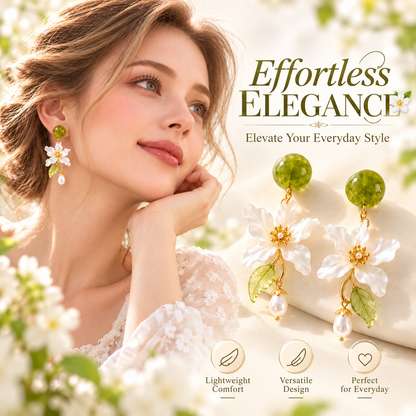 Forest Blossom Floral Pearl Drop Earrings – Elegant Green & White Flower Dangle Earrings for Women