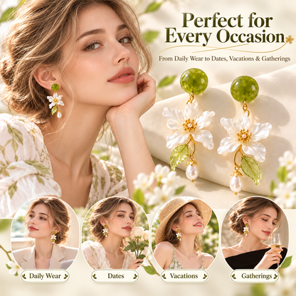 Forest Blossom Floral Pearl Drop Earrings – Elegant Green & White Flower Dangle Earrings for Women