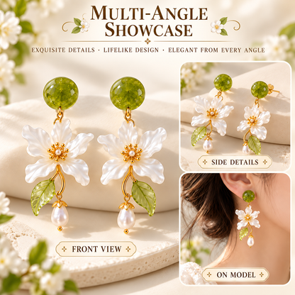 Forest Blossom Floral Pearl Drop Earrings – Elegant Green & White Flower Dangle Earrings for Women