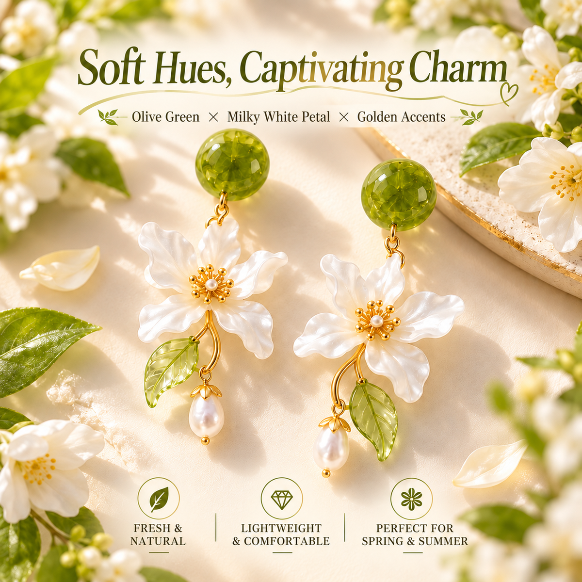 Forest Blossom Floral Pearl Drop Earrings – Elegant Green & White Flower Dangle Earrings for Women