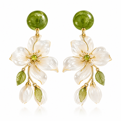Forest Blossom Floral Pearl Drop Earrings – Elegant Green & White Flower Dangle Earrings for Women