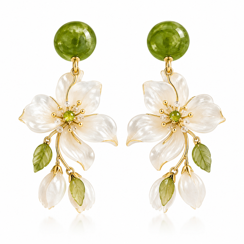 Forest Blossom Floral Pearl Drop Earrings – Elegant Green & White Flower Dangle Earrings for Women
