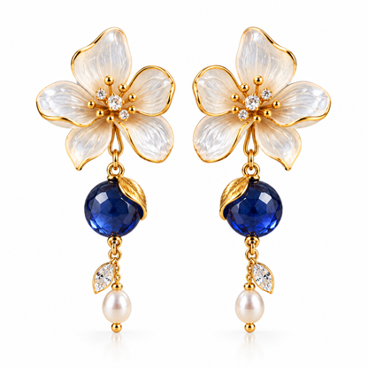 Elegant Blue Crystal Floral Drop Earrings – Gold-Tone Flower & Pearl Dangle Earrings for Women