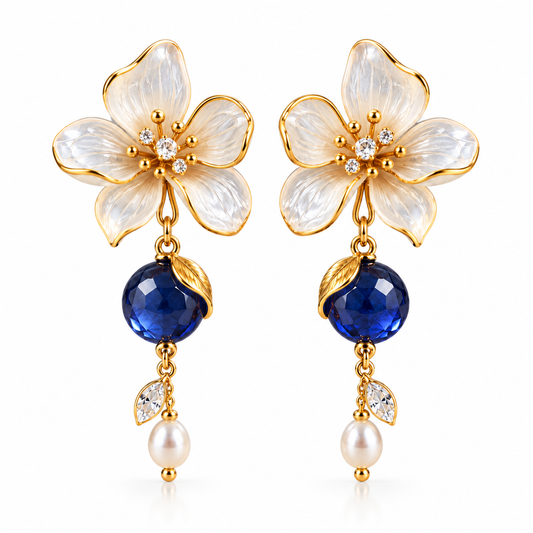 Elegant Blue Crystal Floral Drop Earrings – Gold-Tone Flower & Pearl Dangle Earrings for Women