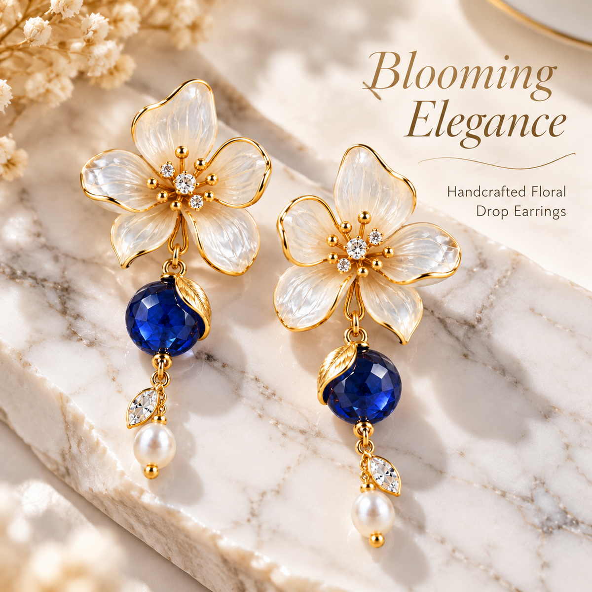 Elegant Blue Crystal Floral Drop Earrings – Gold-Tone Flower & Pearl Dangle Earrings for Women