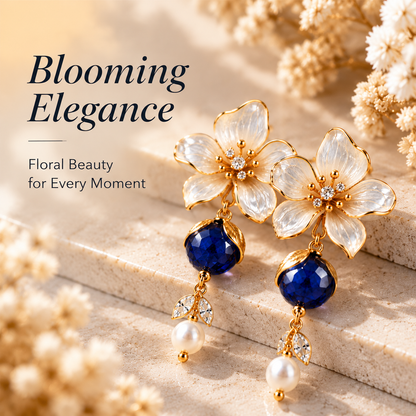 Elegant Blue Crystal Floral Drop Earrings – Gold-Tone Flower & Pearl Dangle Earrings for Women