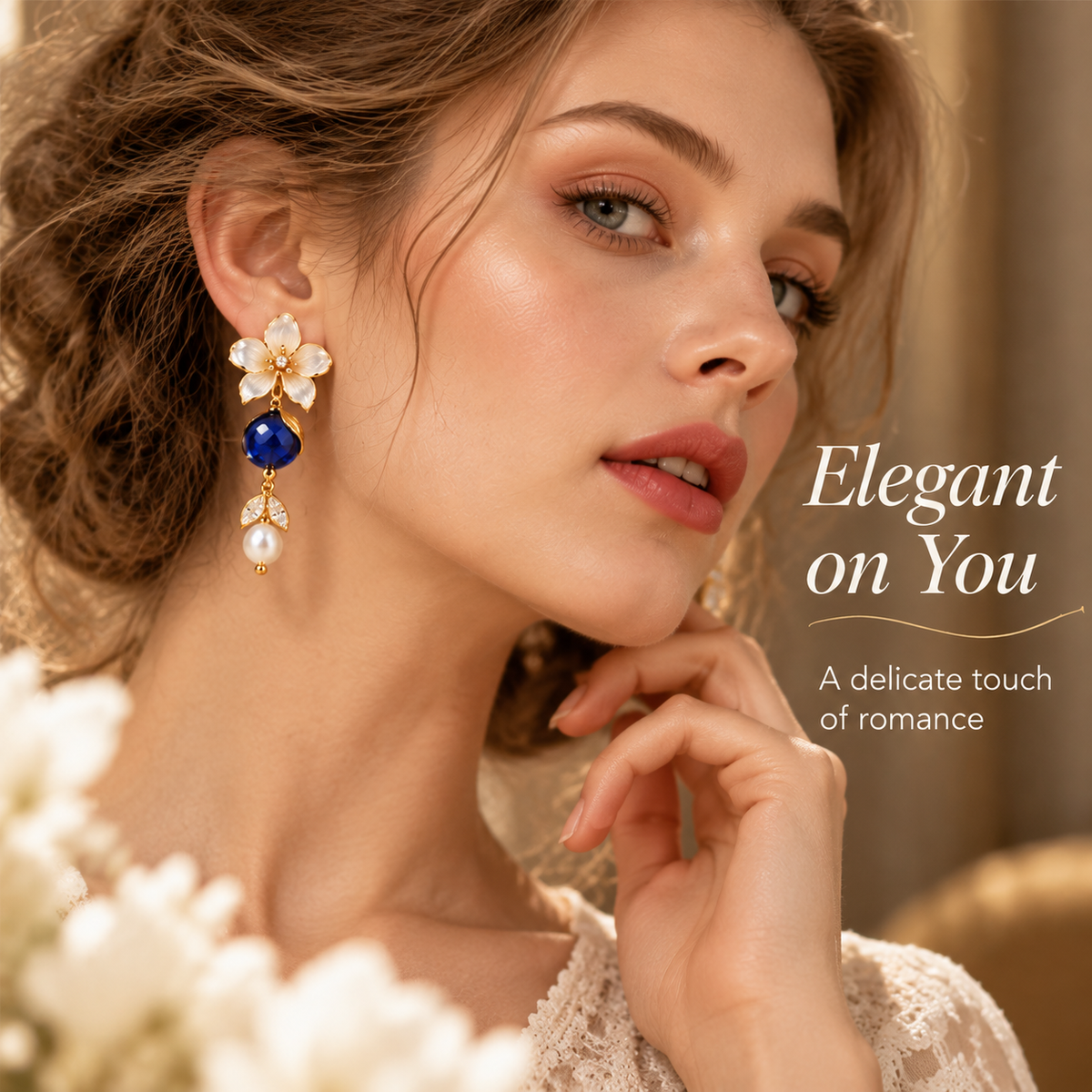Elegant Blue Crystal Floral Drop Earrings – Gold-Tone Flower & Pearl Dangle Earrings for Women