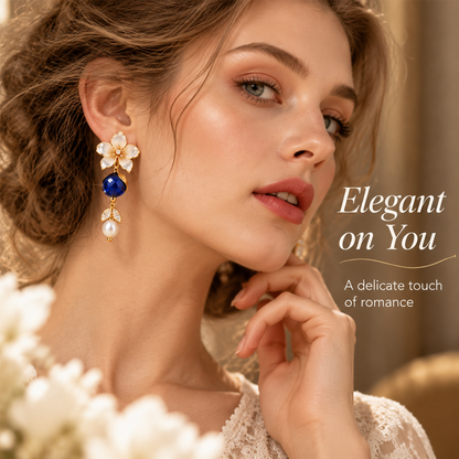 Elegant Blue Crystal Floral Drop Earrings – Gold-Tone Flower & Pearl Dangle Earrings for Women