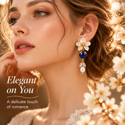 Elegant Blue Crystal Floral Drop Earrings – Gold-Tone Flower & Pearl Dangle Earrings for Women