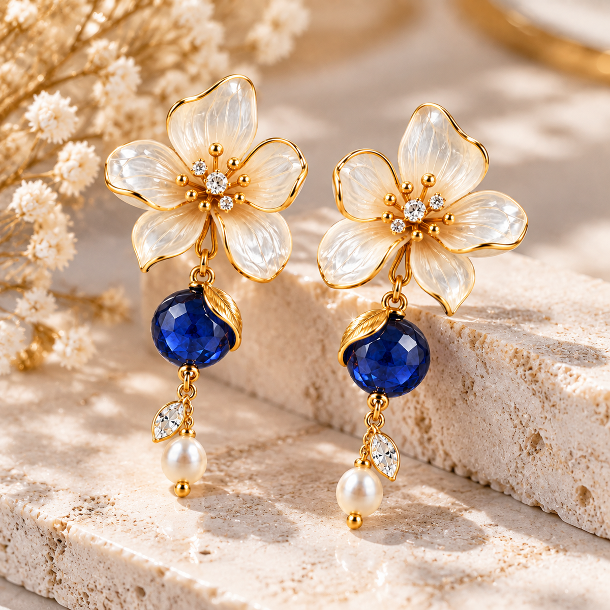 Elegant Blue Crystal Floral Drop Earrings – Gold-Tone Flower & Pearl Dangle Earrings for Women