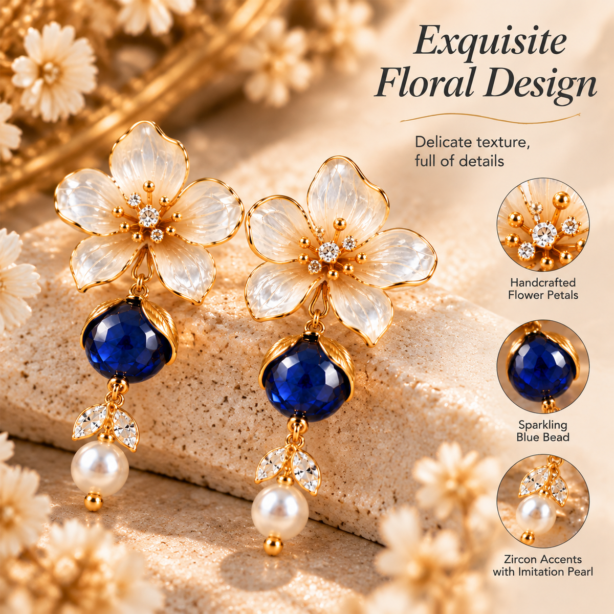 Elegant Blue Crystal Floral Drop Earrings – Gold-Tone Flower & Pearl Dangle Earrings for Women