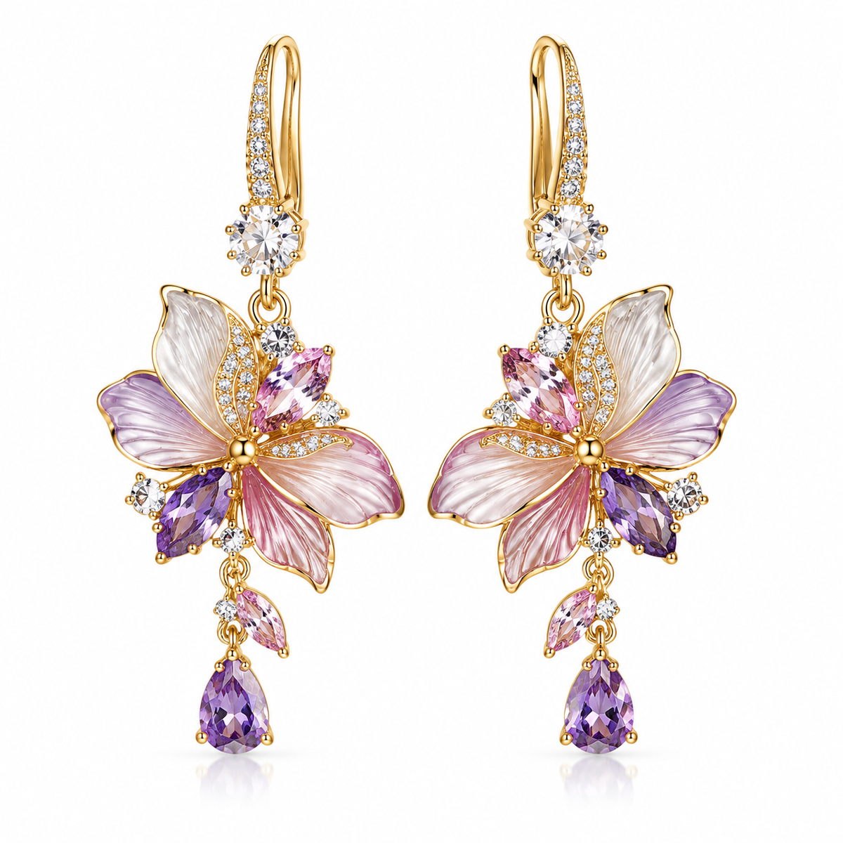 Floral Crystal Drop Earrings – Elegant Butterfly Blossom Gemstone Earrings
