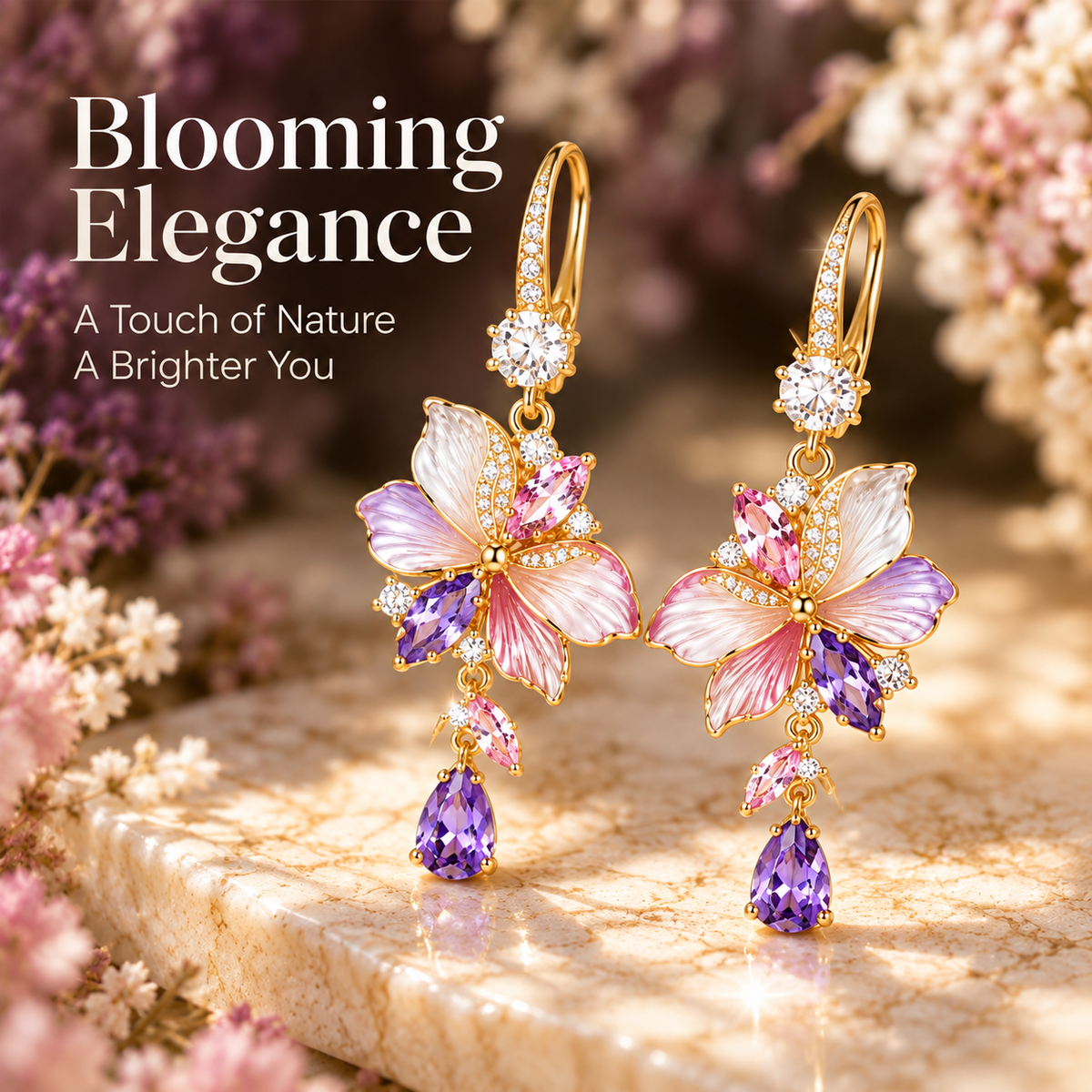 Floral Crystal Drop Earrings – Elegant Butterfly Blossom Gemstone Earrings