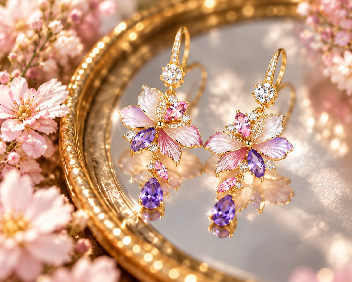 Floral Crystal Drop Earrings – Elegant Butterfly Blossom Gemstone Earrings