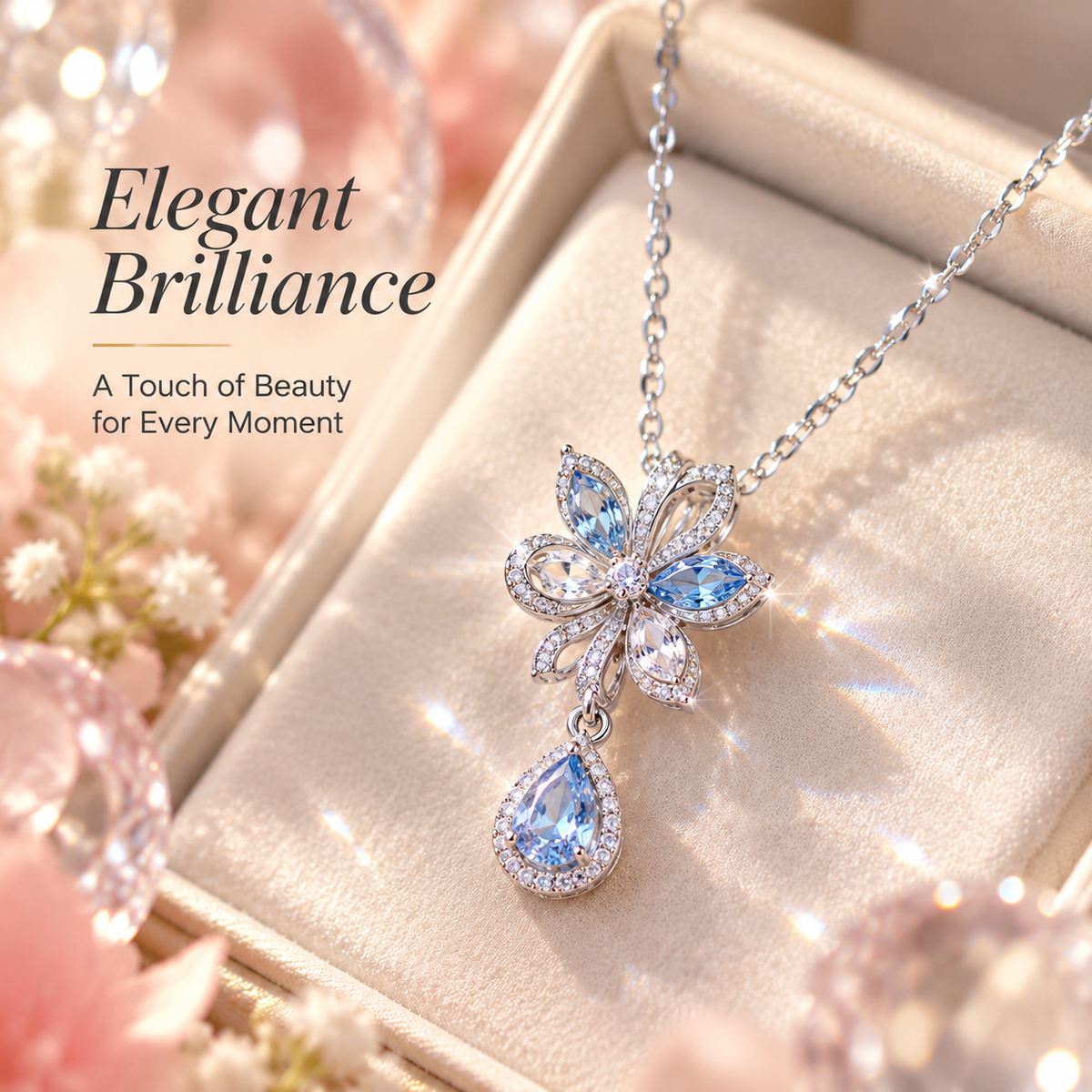 Floral Teardrop Crystal Pendant Necklace – Blue Gemstone Flower Necklace with Sparkling Halo Detail