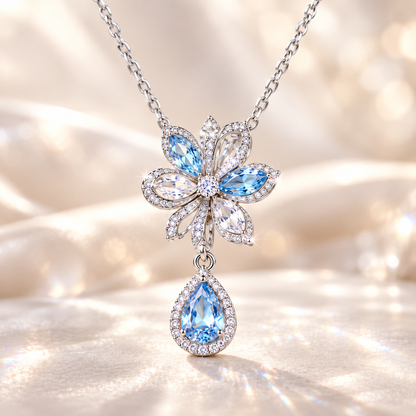 Floral Teardrop Crystal Pendant Necklace – Blue Gemstone Flower Necklace with Sparkling Halo Detail