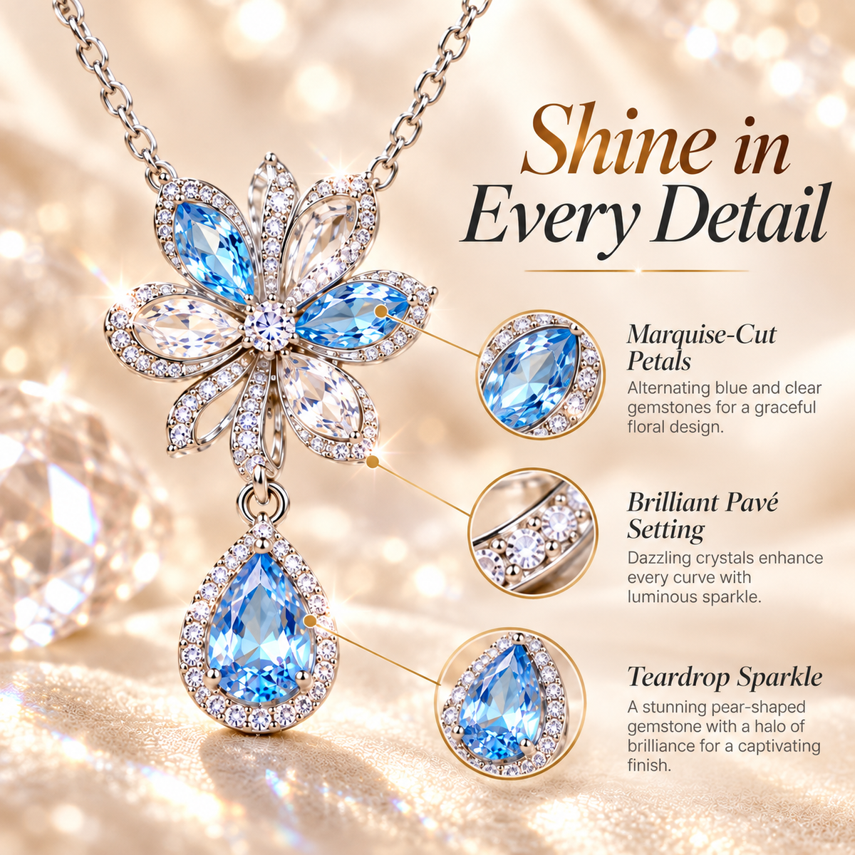 Floral Teardrop Crystal Pendant Necklace – Blue Gemstone Flower Necklace with Sparkling Halo Detail
