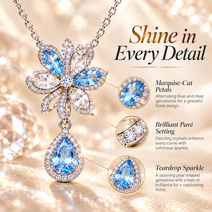 Floral Teardrop Crystal Pendant Necklace – Blue Gemstone Flower Necklace with Sparkling Halo Detail