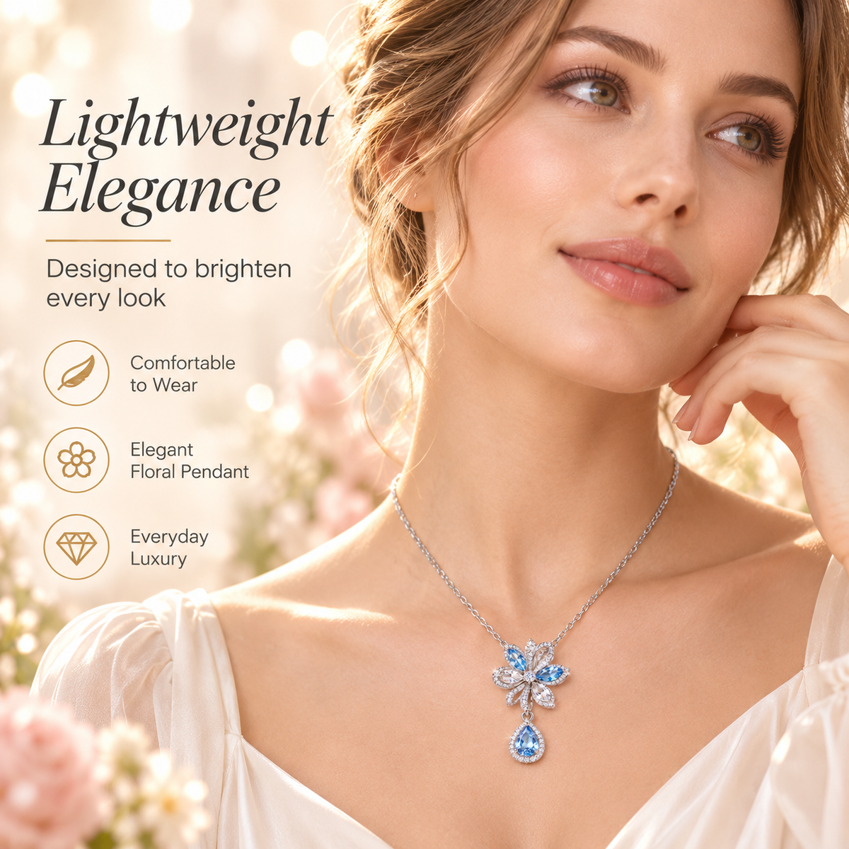 Floral Teardrop Crystal Pendant Necklace – Blue Gemstone Flower Necklace with Sparkling Halo Detail