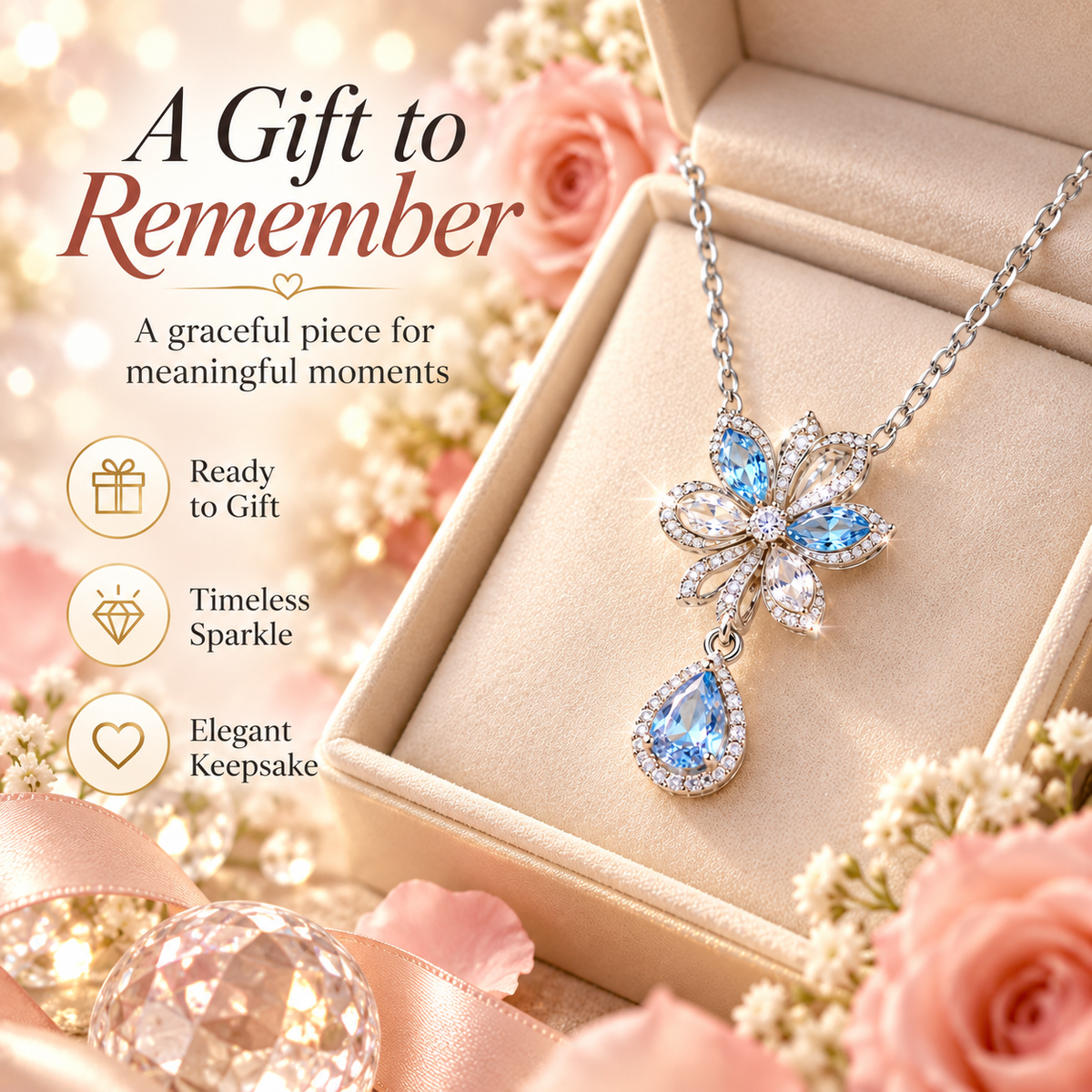 Floral Teardrop Crystal Pendant Necklace – Blue Gemstone Flower Necklace with Sparkling Halo Detail