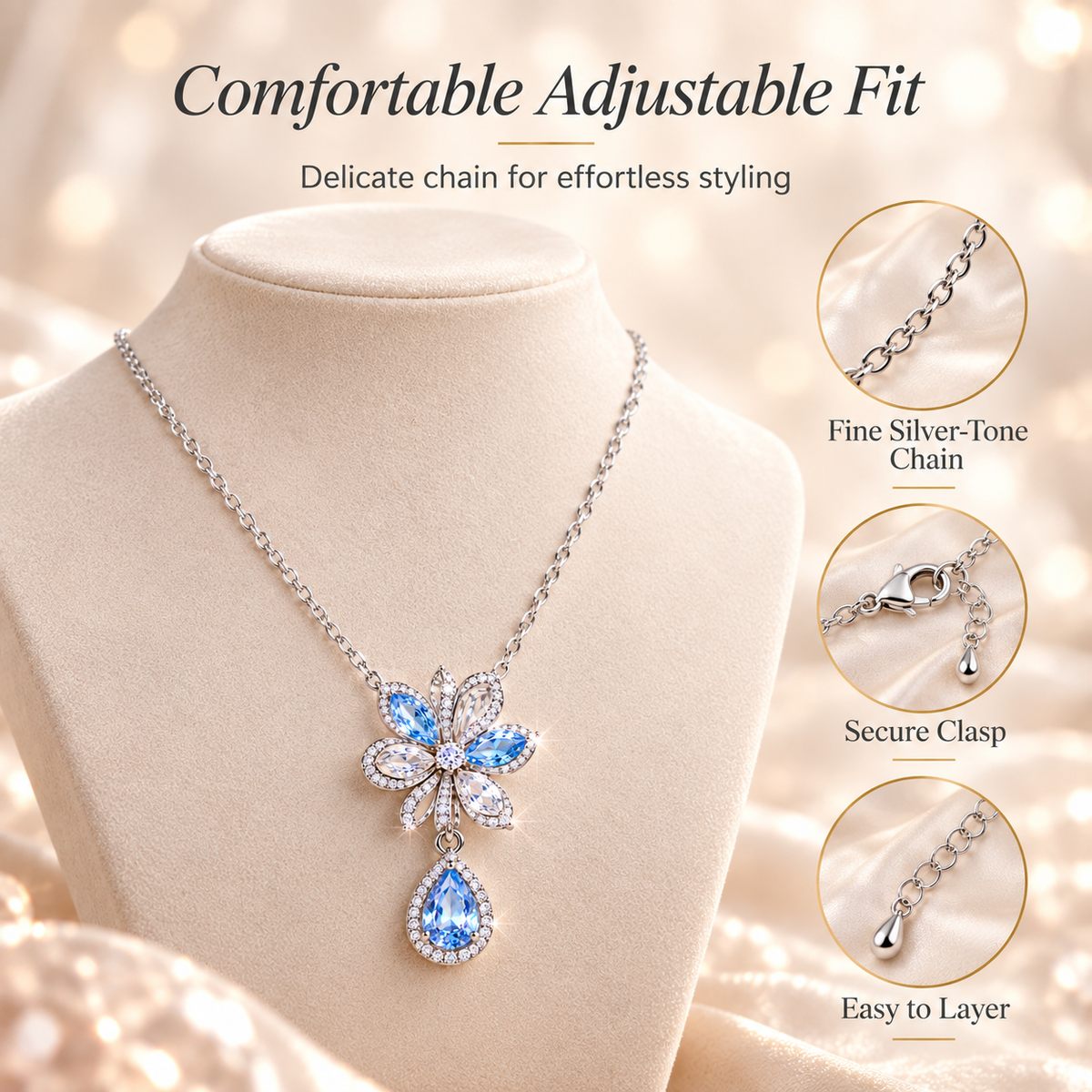 Floral Teardrop Crystal Pendant Necklace – Blue Gemstone Flower Necklace with Sparkling Halo Detail