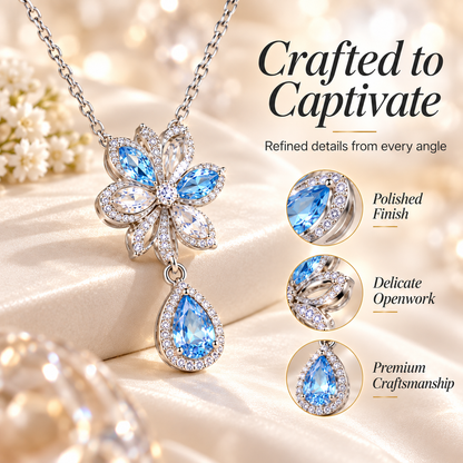 Floral Teardrop Crystal Pendant Necklace – Blue Gemstone Flower Necklace with Sparkling Halo Detail