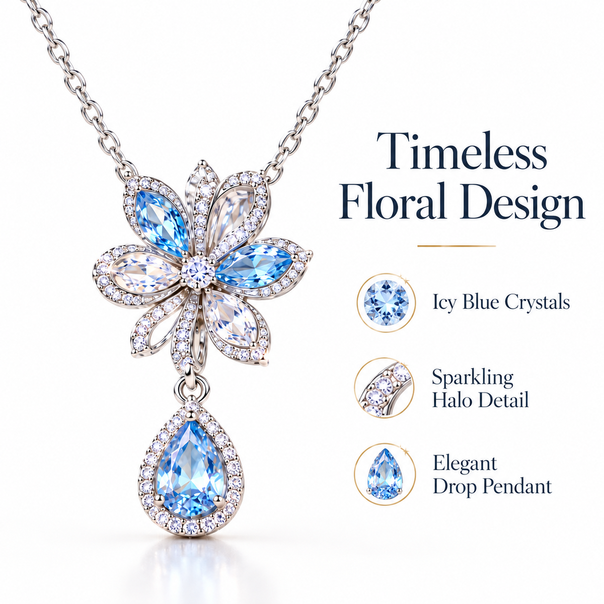 Floral Teardrop Crystal Pendant Necklace – Blue Gemstone Flower Necklace with Sparkling Halo Detail