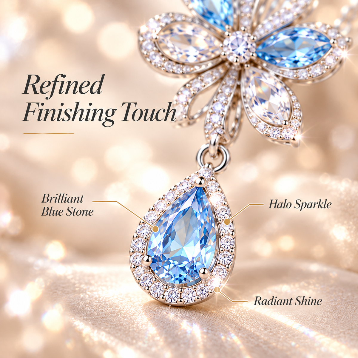 Floral Teardrop Crystal Pendant Necklace – Blue Gemstone Flower Necklace with Sparkling Halo Detail