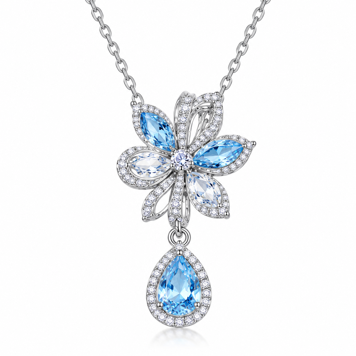 Floral Teardrop Crystal Pendant Necklace – Blue Gemstone Flower Necklace with Sparkling Halo Detail