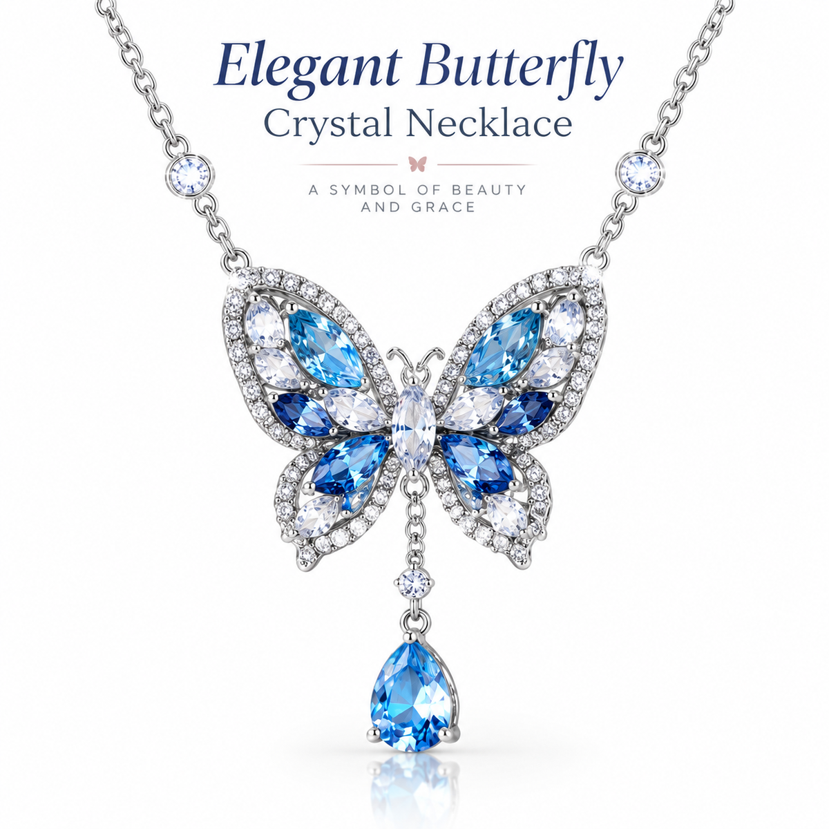 Butterfly Crystal Pendant Necklace – Blue Gemstone Butterfly Design with Teardrop Sparkle Detail