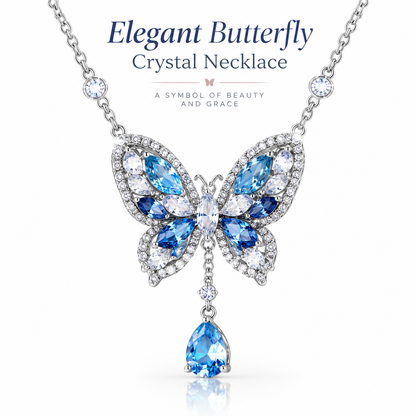 Butterfly Crystal Pendant Necklace – Blue Gemstone Butterfly Design with Teardrop Sparkle Detail