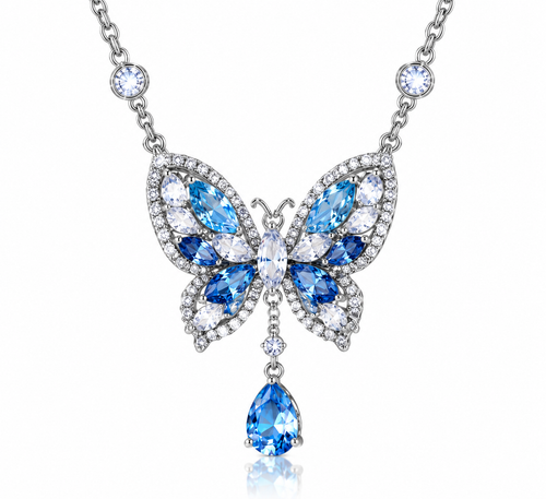 Butterfly Crystal Pendant Necklace – Blue Gemstone Butterfly Design with Teardrop Sparkle Detail