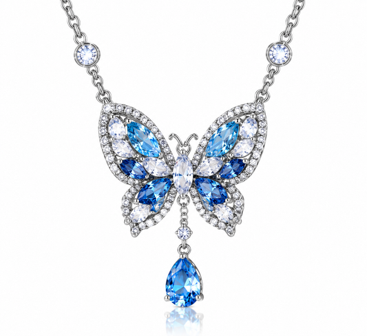 Butterfly Crystal Pendant Necklace – Blue Gemstone Butterfly Design with Teardrop Sparkle Detail