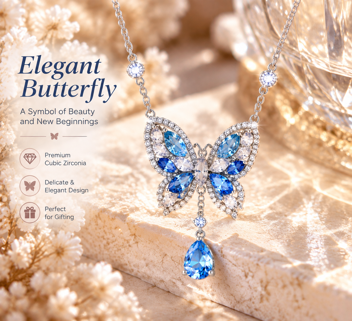 Butterfly Crystal Pendant Necklace – Blue Gemstone Butterfly Design with Teardrop Sparkle Detail