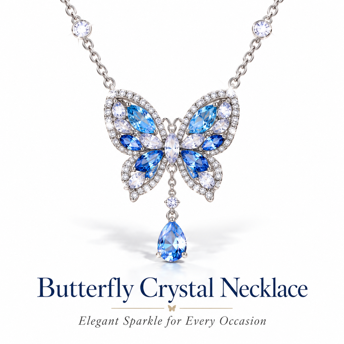 Butterfly Crystal Pendant Necklace – Blue Gemstone Butterfly Design with Teardrop Sparkle Detail