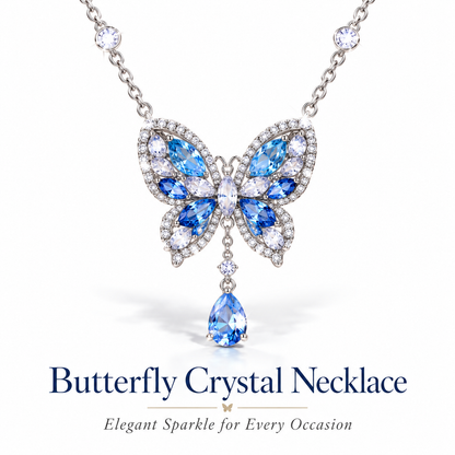 Butterfly Crystal Pendant Necklace – Blue Gemstone Butterfly Design with Teardrop Sparkle Detail