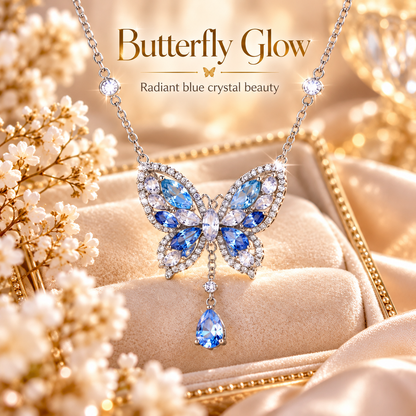 Butterfly Crystal Pendant Necklace – Blue Gemstone Butterfly Design with Teardrop Sparkle Detail