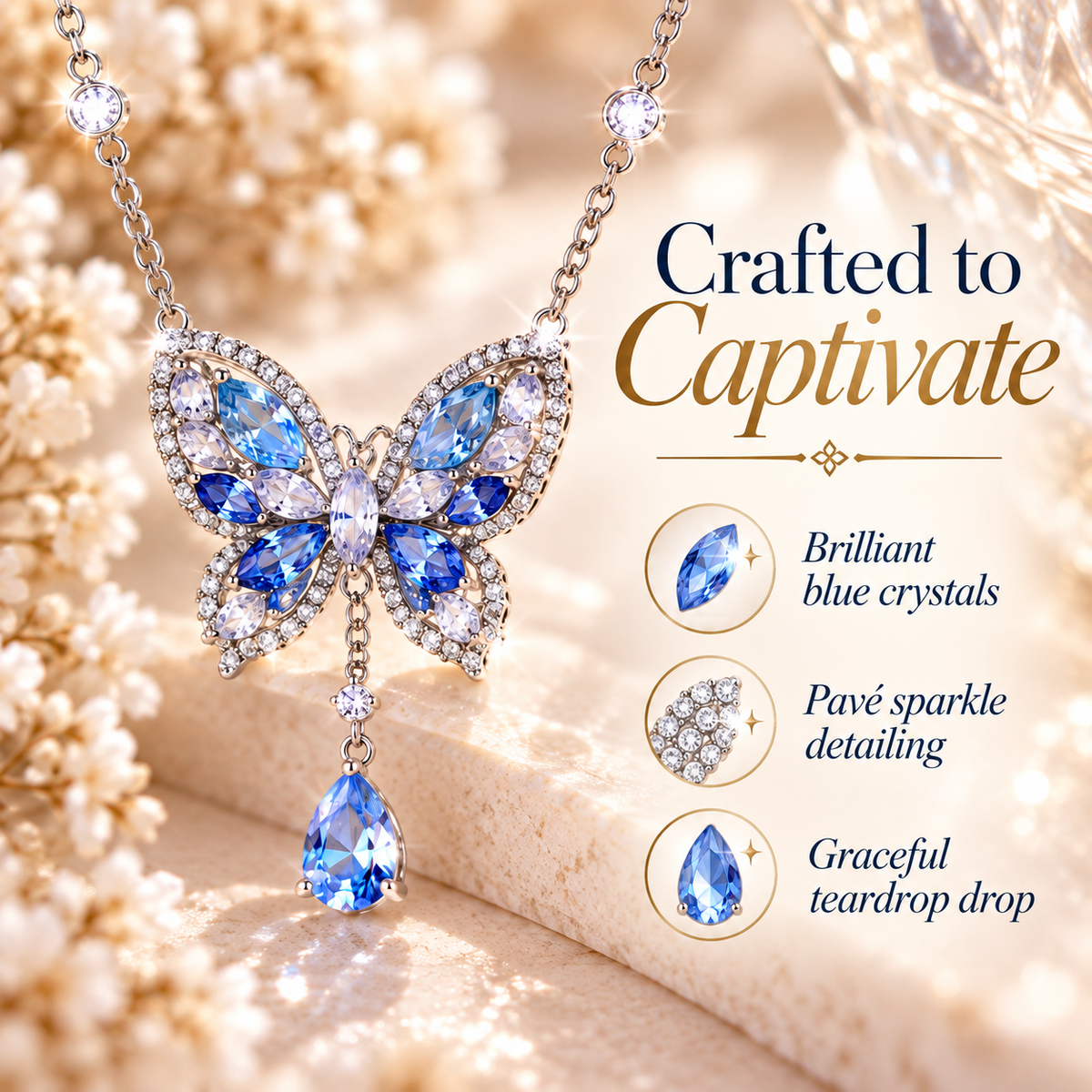 Butterfly Crystal Pendant Necklace – Blue Gemstone Butterfly Design with Teardrop Sparkle Detail