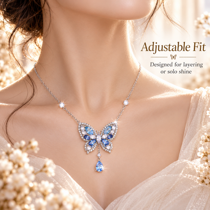Butterfly Crystal Pendant Necklace – Blue Gemstone Butterfly Design with Teardrop Sparkle Detail