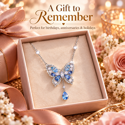 Butterfly Crystal Pendant Necklace – Blue Gemstone Butterfly Design with Teardrop Sparkle Detail